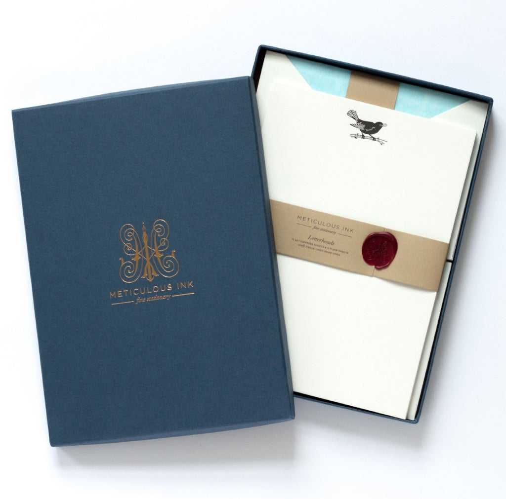 Blackbird Letterpress Letterheads in display box with wax seal and lid with Meticulous Ink logo