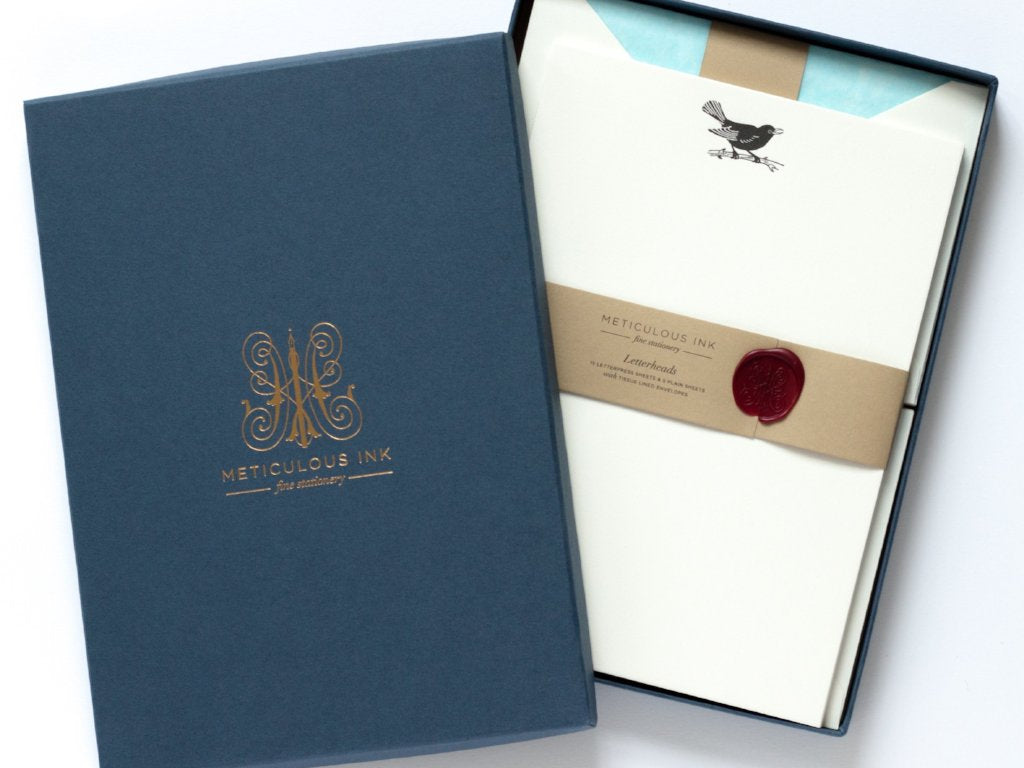 Blackbird Letterpress Letterheads in display box with wax seal and lid with Meticulous Ink logo