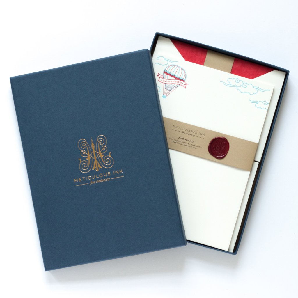 Hot Air Balloon Letterpress Letterheads in display box with wax seal and lid with Meticulous Ink logo in gold