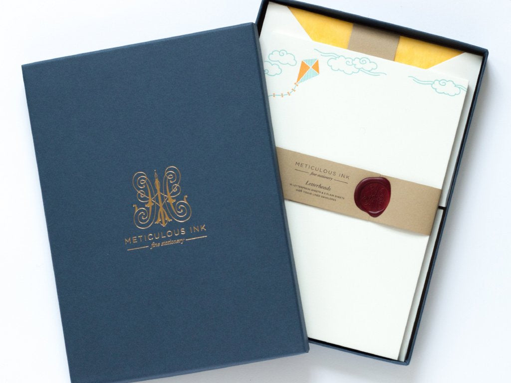 Kite Letterpress Letterheads in display box with wax seal and lid with Meticulous Ink logo