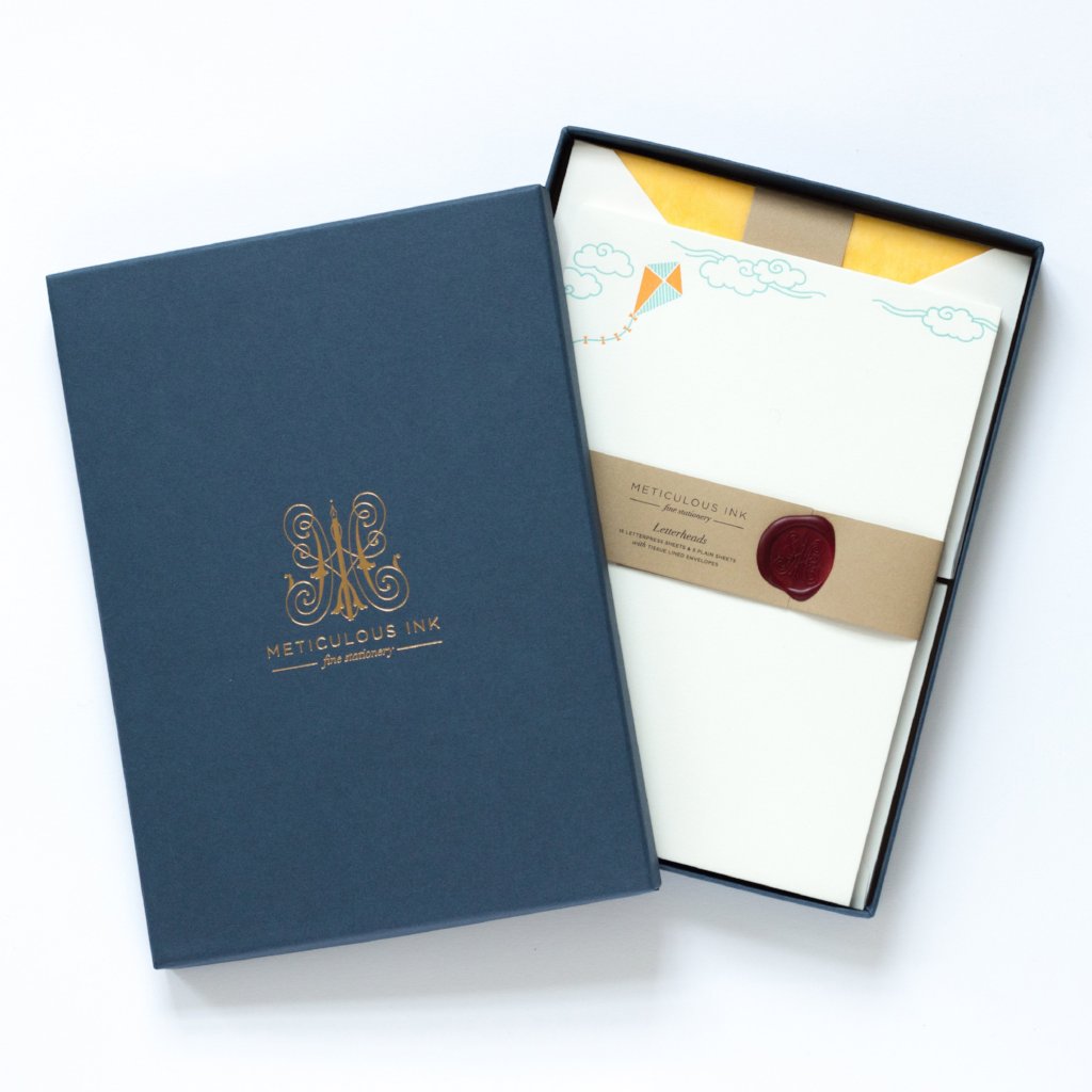 Kite Letterpress Letterheads in display box with wax seal and lid with Meticulous Ink logo