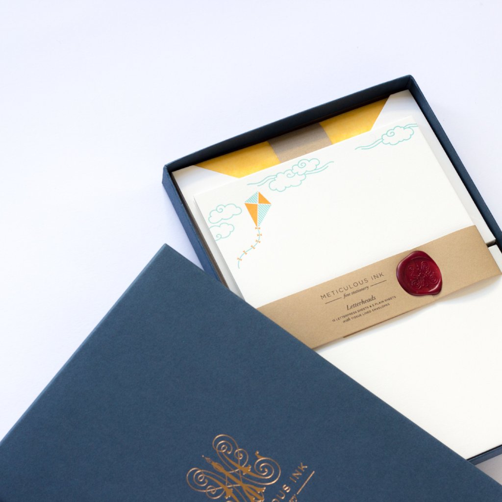 Kite Letterpress Letterheads in display box with wax seal and lid to one side