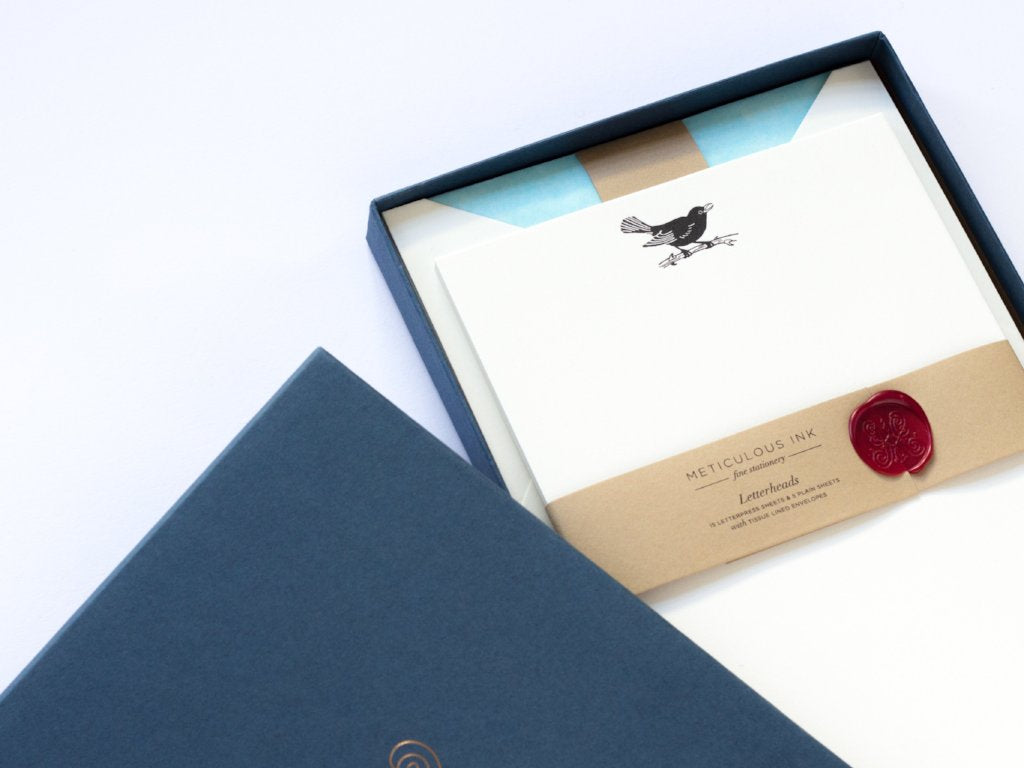 Blackbird Letterpress Letterheads in display box with wax seal and lid off to one side