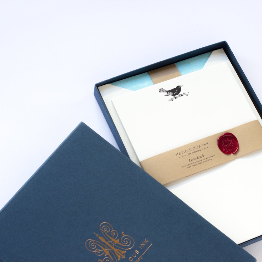 Blackbird Letterpress Letterheads in display box with wax seal and lid off to one side