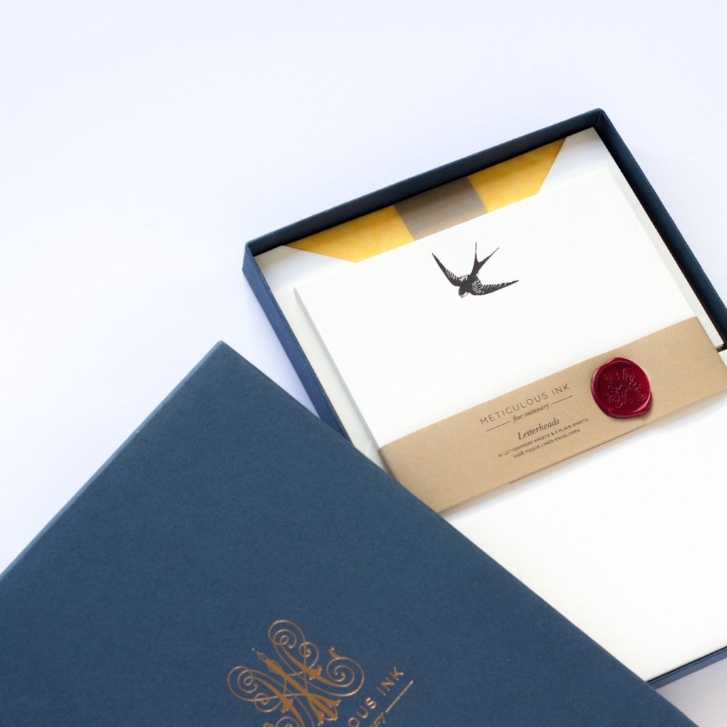 Swallow Letterpress Letterheads in display box with wax seal and lid to one side