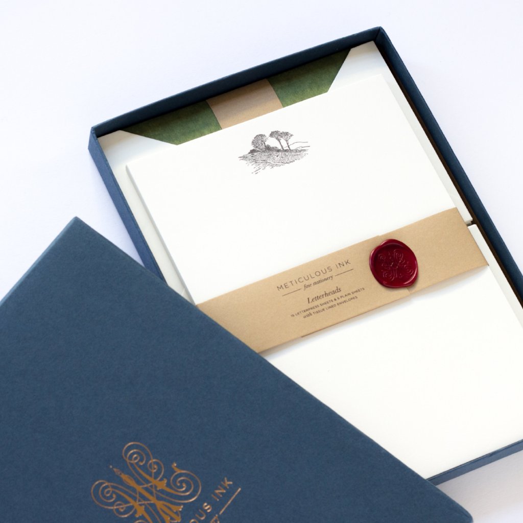 Landscape Letterpress Letterheads in display box with wax seal and lid to one side