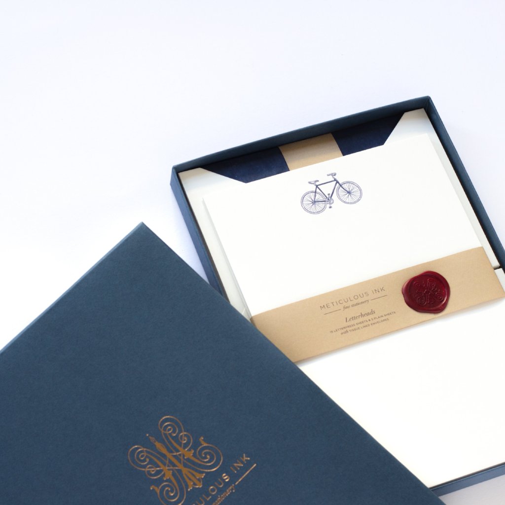 Bicycle Letterpress Letterheads in display box with wax seal and blue lid to one side