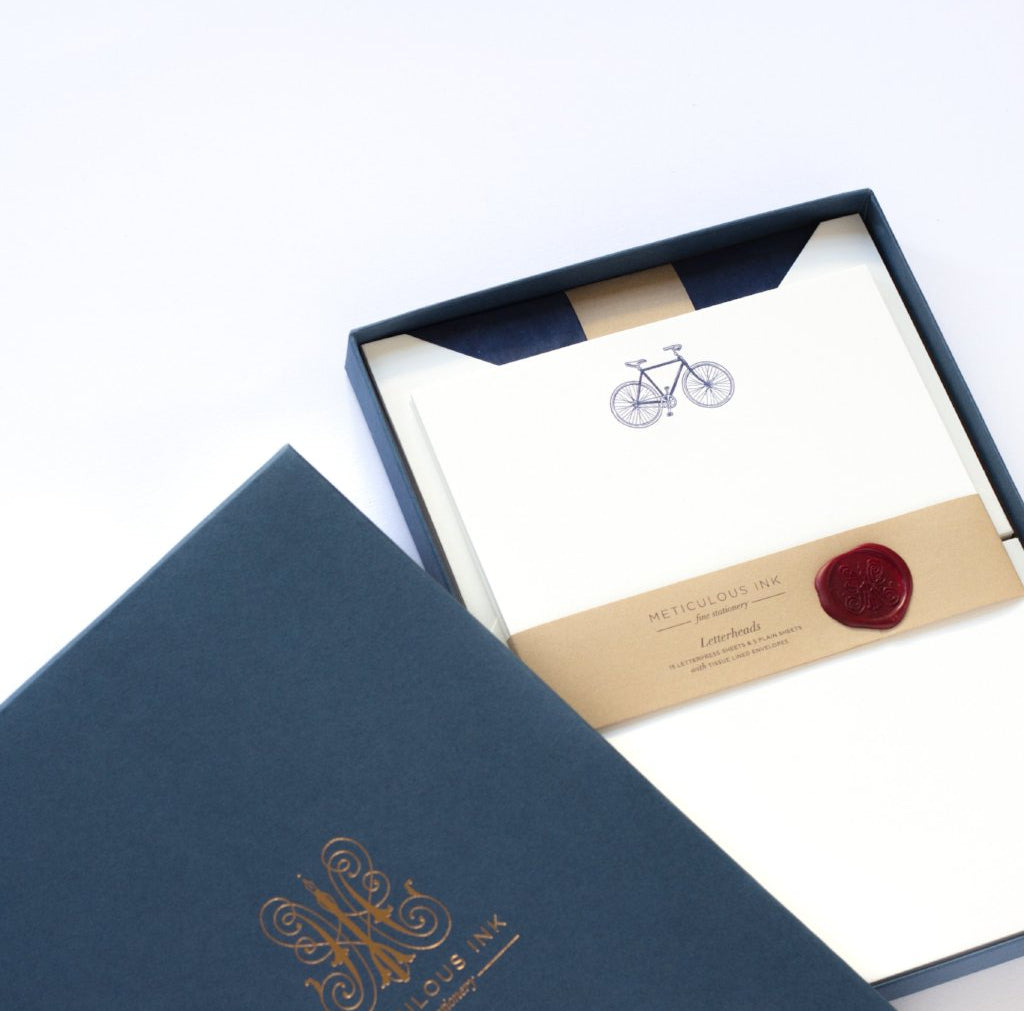 Bicycle Letterpress Letterheads in display box with wax seal and blue lid to one side