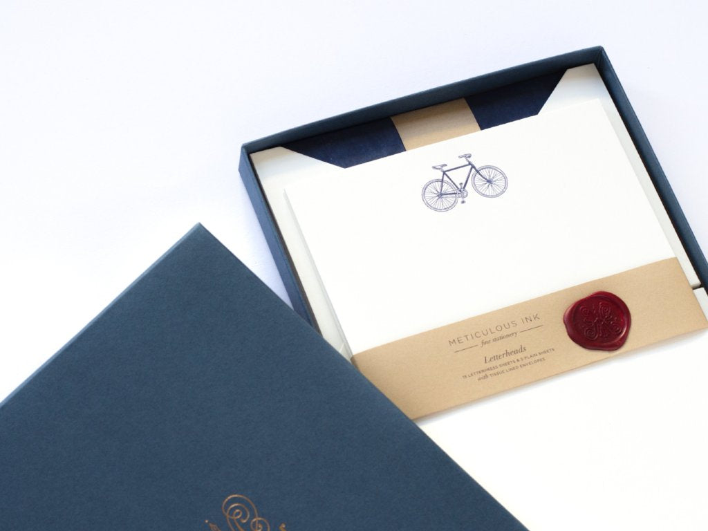 Bicycle Letterpress Letterheads in display box with wax seal and blue lid to one side