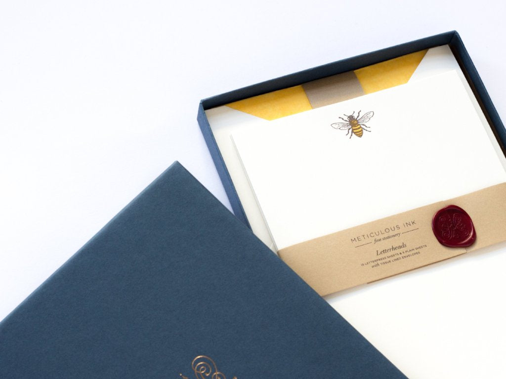 Honey Bee Letterpress Letterheads in display box with wax seal and lid off to one side