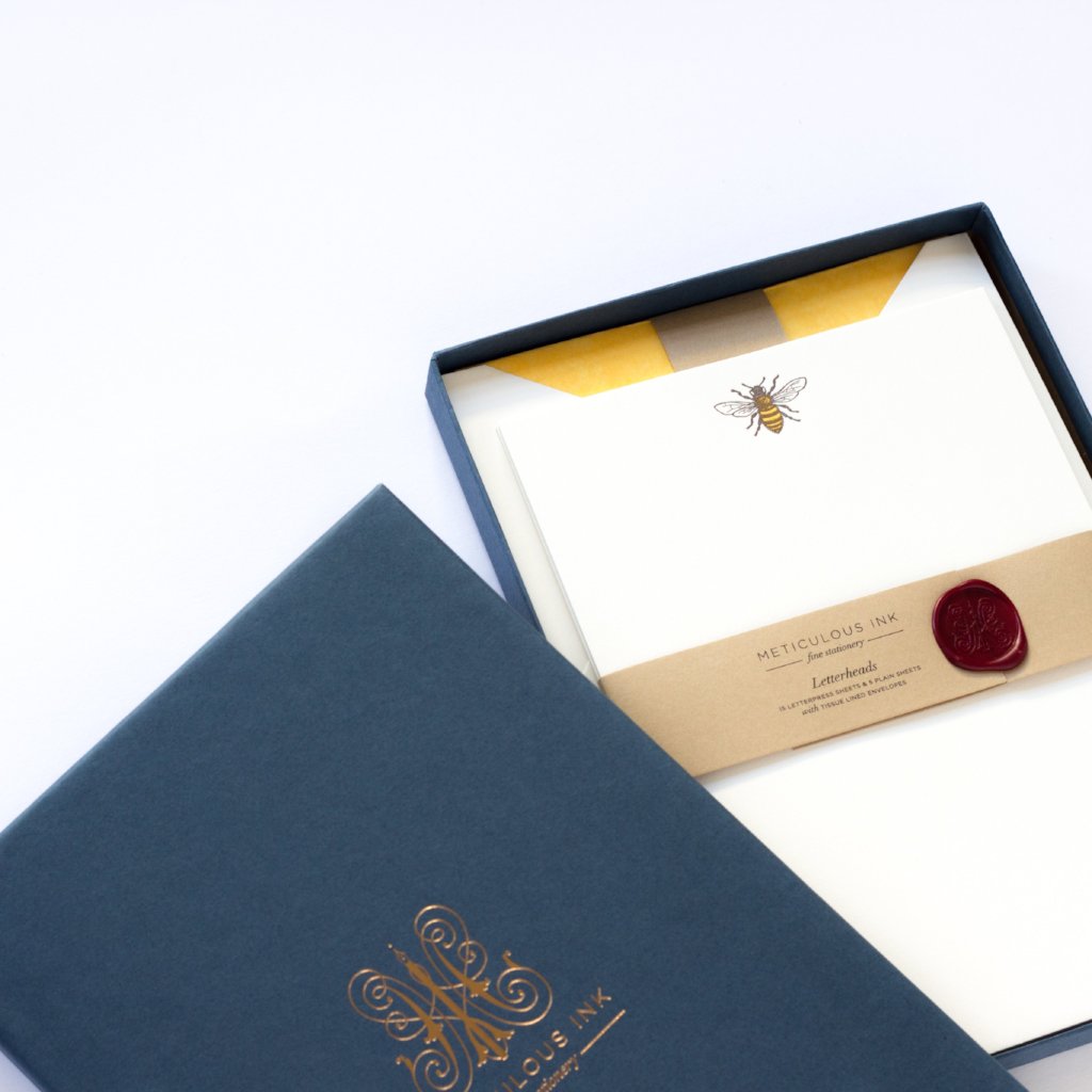 Honey Bee Letterpress Letterheads in display box with wax seal and lid off to one side