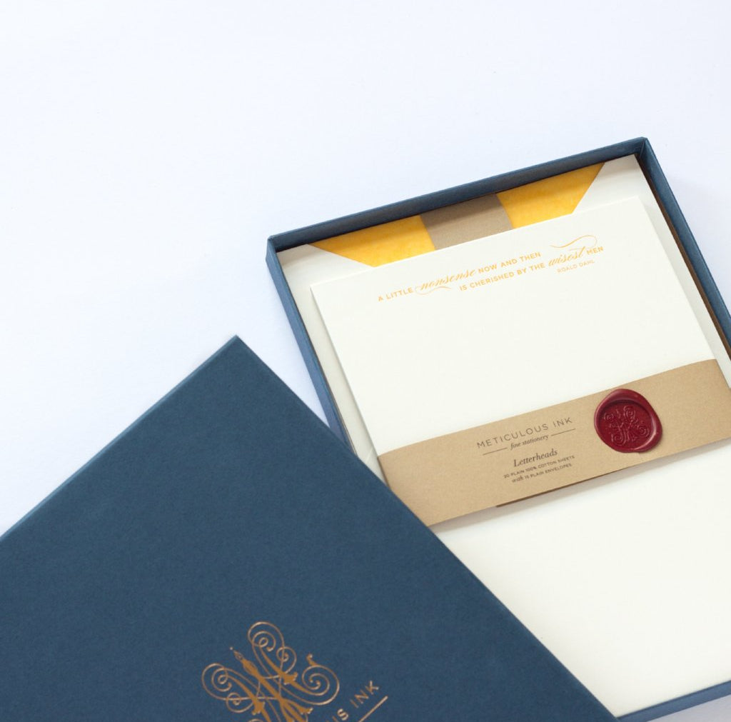 Roald Dahl Letterpress Letterheads in display box with wax seal and lid to one side
