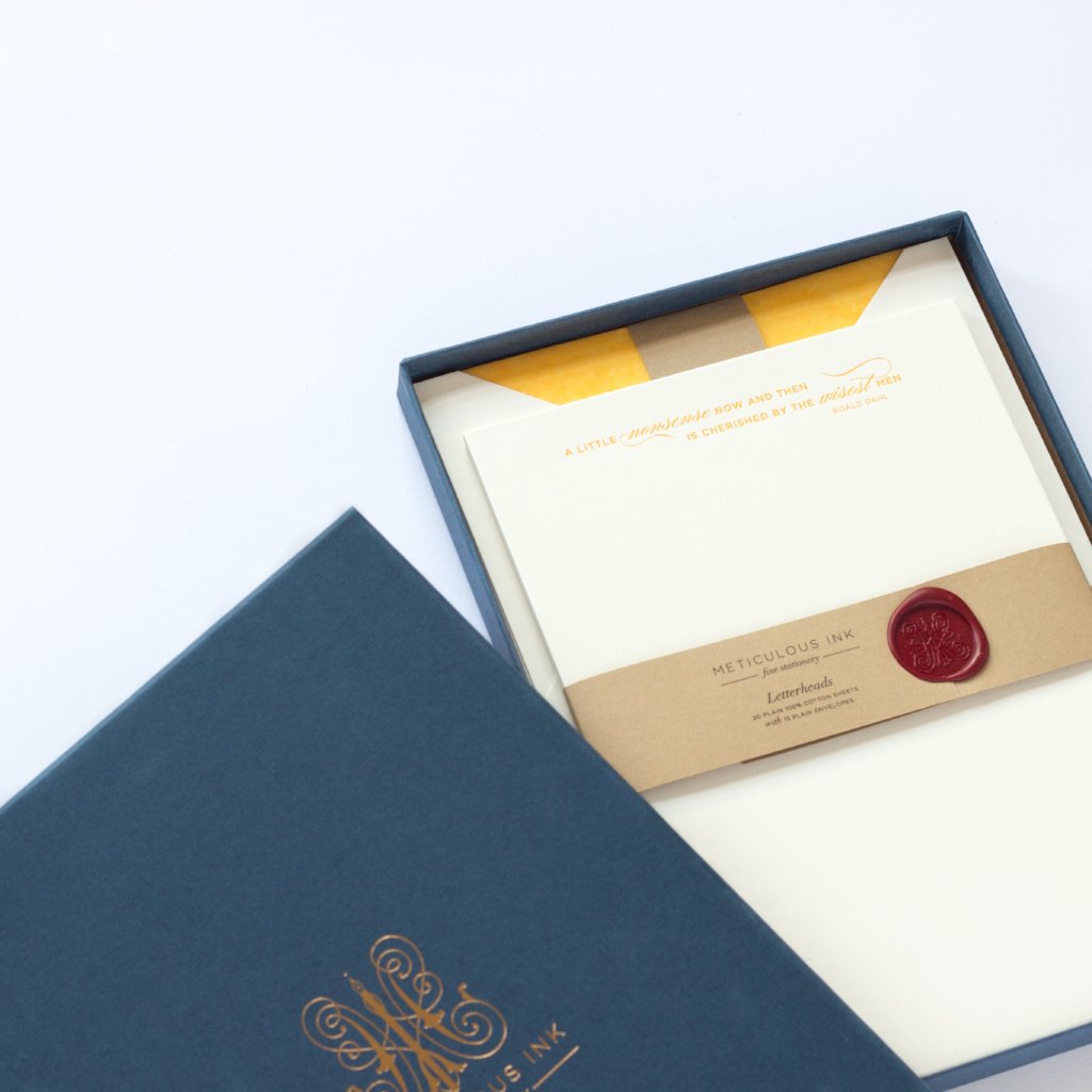 Roald Dahl Letterpress Letterheads in display box with wax seal and lid to one side