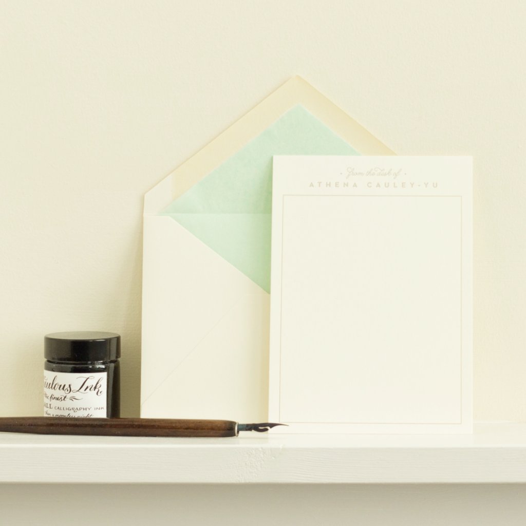 Personalised Letterpress Correspondence Cards on shelf with envelope, dip pen and ink