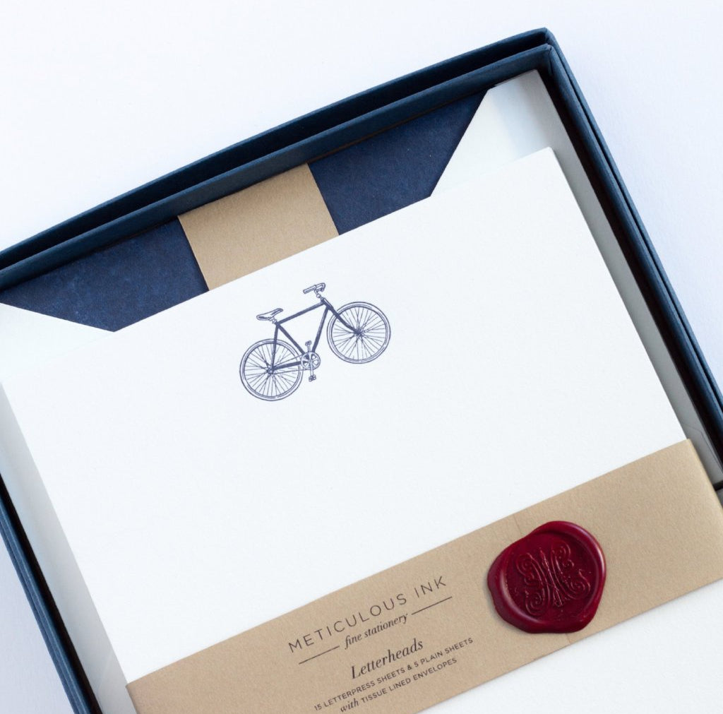 Bicycle Letterpress Letterheads in display box with wax seal