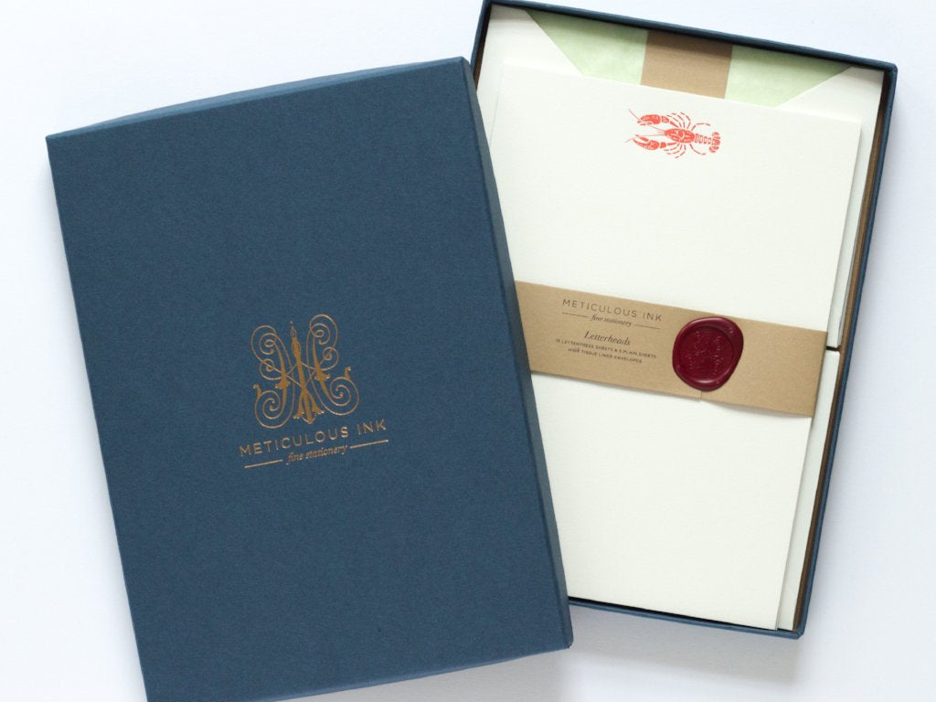 Lobster Letterpress Letterheads in display box with wax seal and lid with Meticulous Ink logo