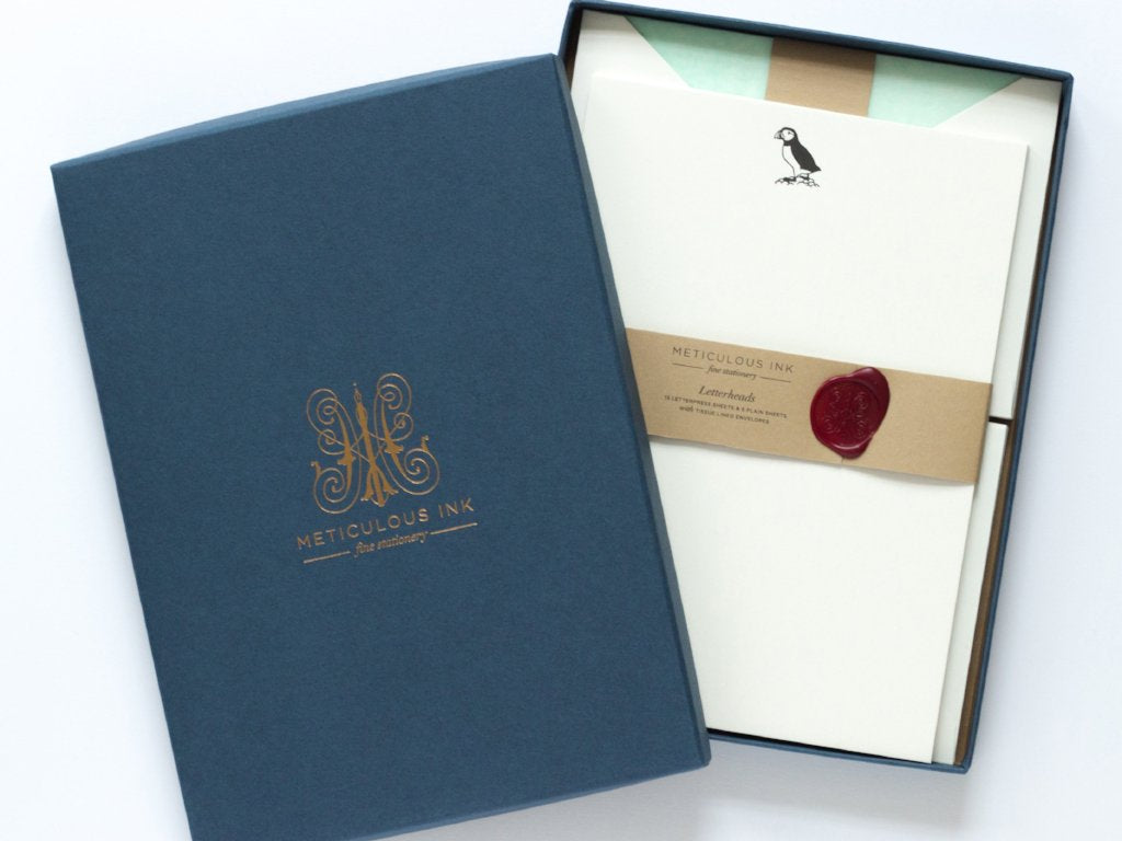 Puffin Letterpress Letterheads in display box with wax seal and lid with Meticulous Ink logo