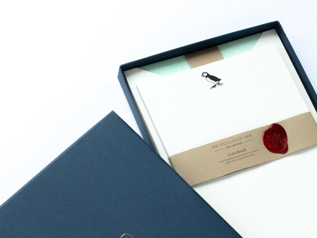Puffin Letterpress Letterheads in display box with wax seal and lid to one side