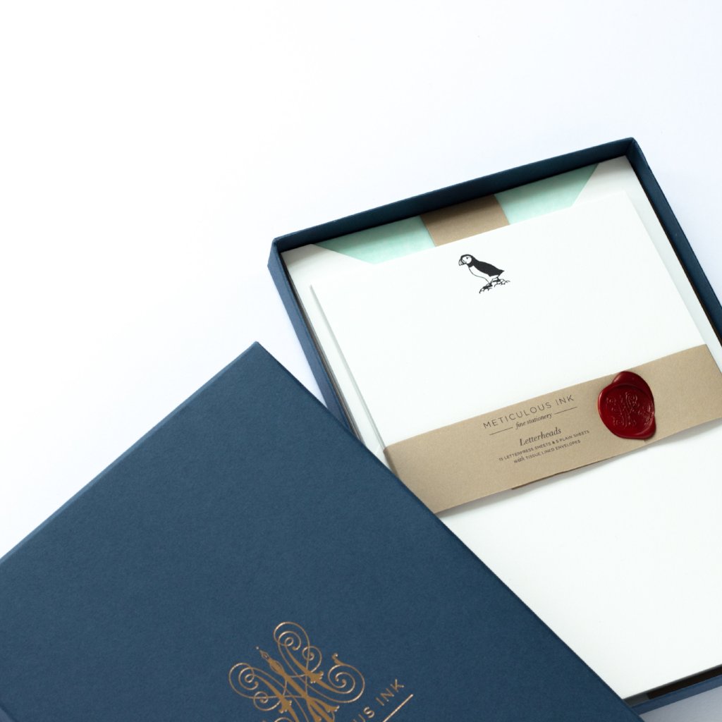 Puffin Letterpress Letterheads in display box with wax seal and lid to one side