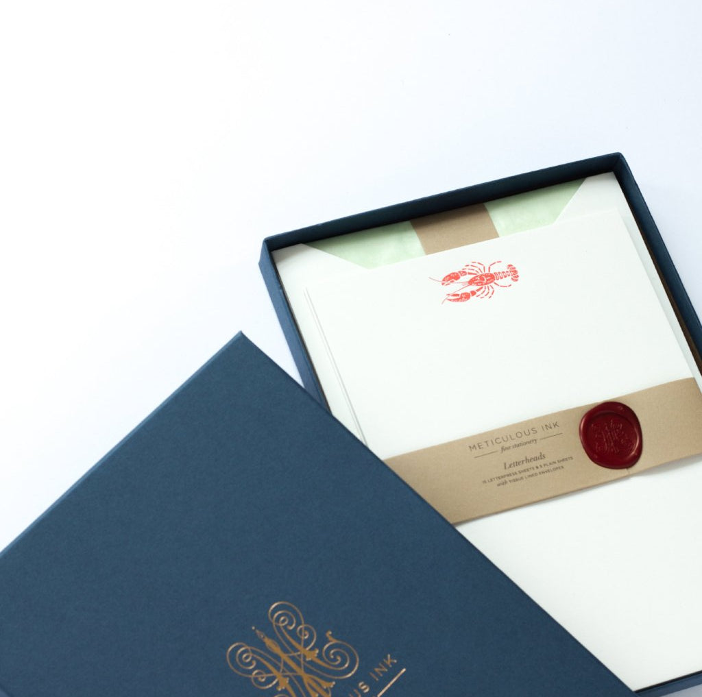 Lobster Letterpress Letterheads in display box with wax seal and lid to the side