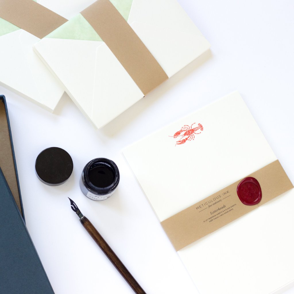 Lobster Letterpress Letterheads with wax seal wrap and ink pot