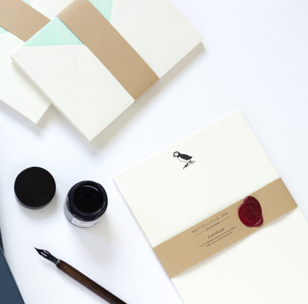 Puffin Letterpress Letterheads with wax seal wrap and ink pot