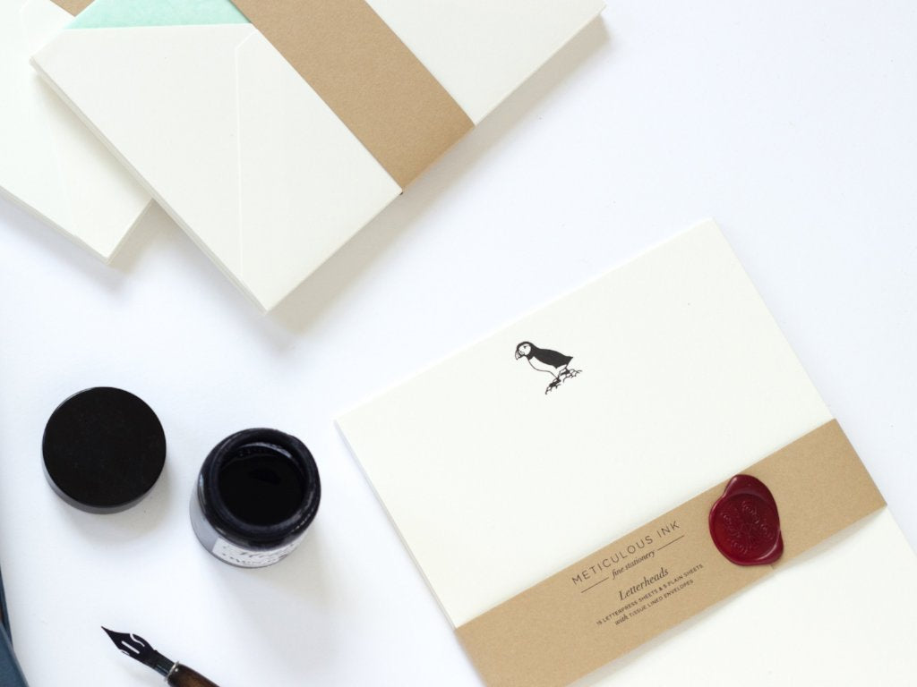 Puffin Letterpress Letterheads with wax seal wrap and ink pot