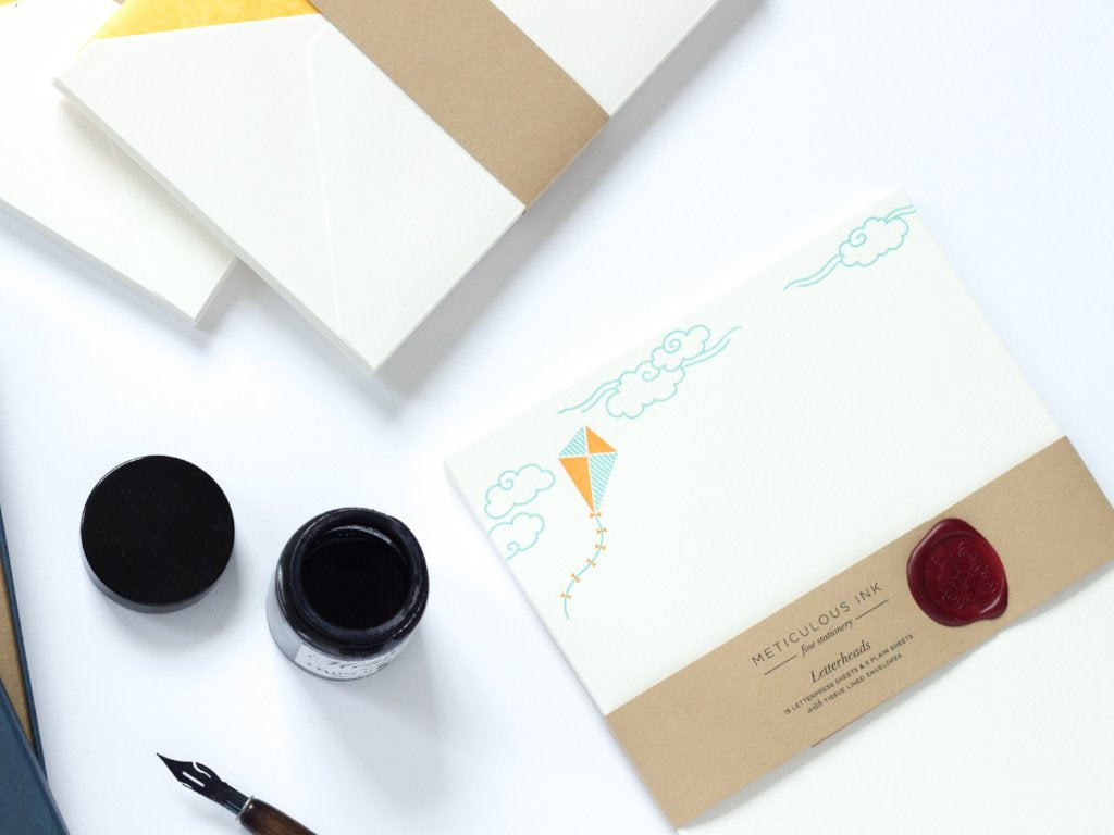 Kite Letterpress Letterheads with wax sealed wrap and ink pot