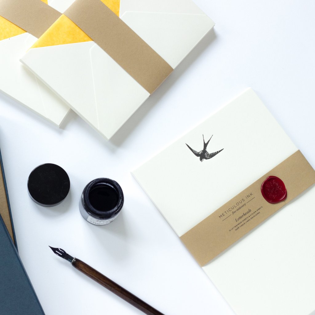 Swallow Letterpress Letterheads with wax seal and ink pot