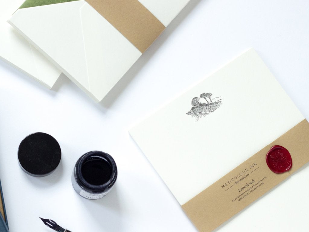 Landscape Letterpress Letterheads with wax seal wrap and ink pot