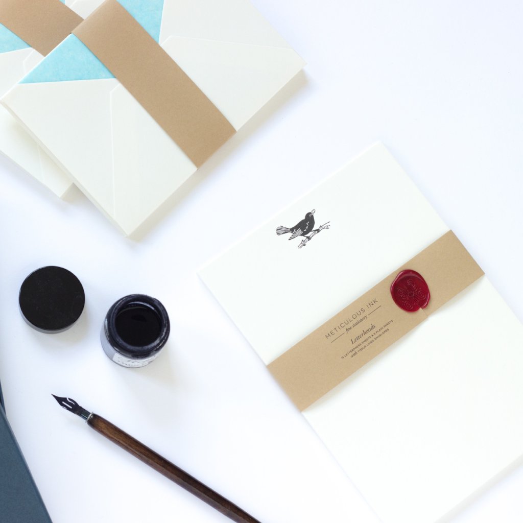Blackbird Letterpress Letterheads with wax sealed wrap and ink pot