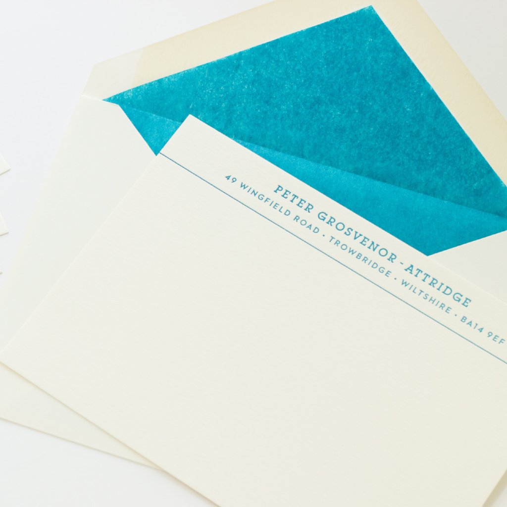 Personalised Letterpress Correspondence Card with Blue tissue lined envelope