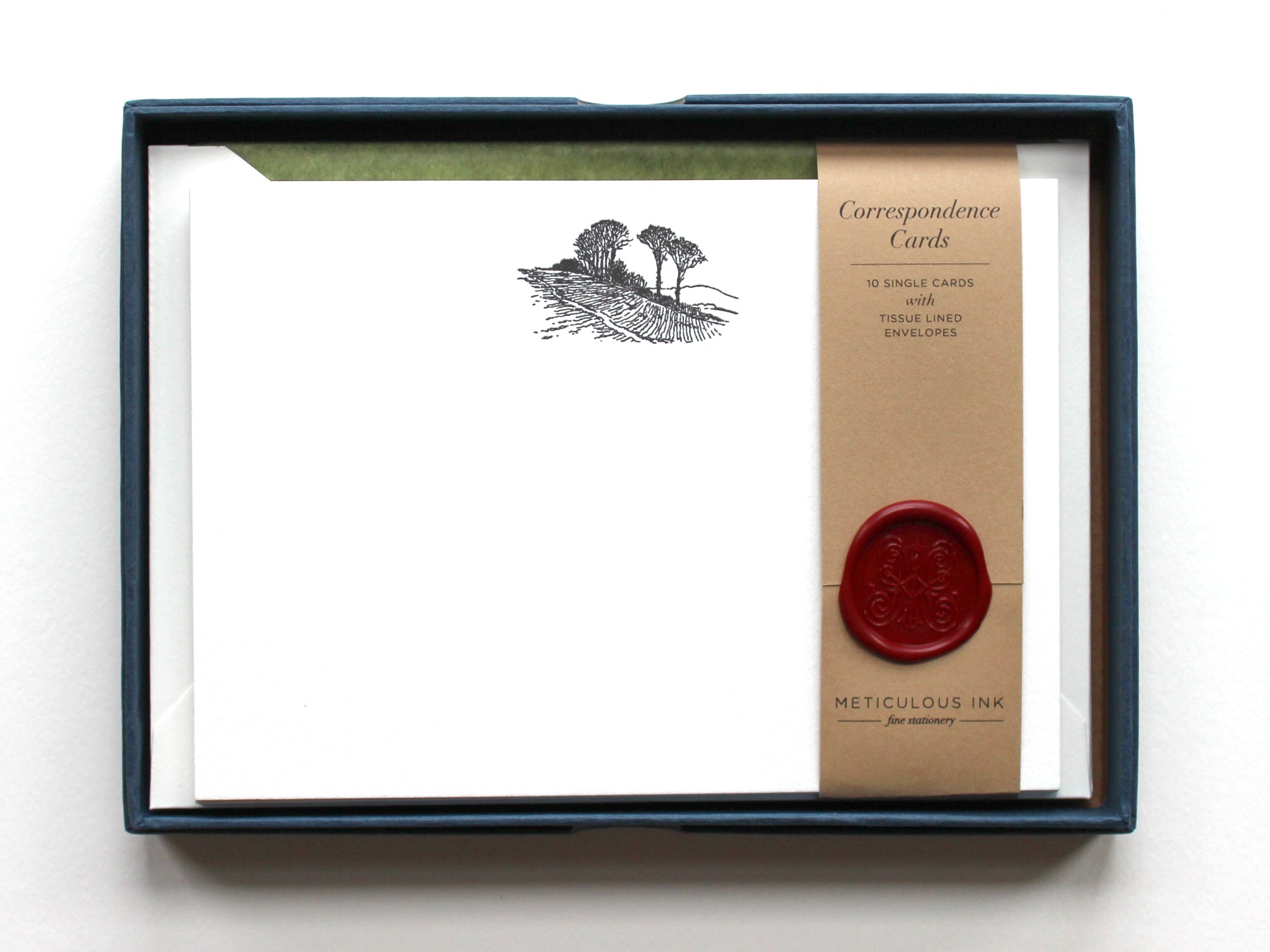 Landscape Letterpress Correspondence Cards in display box with wax seal