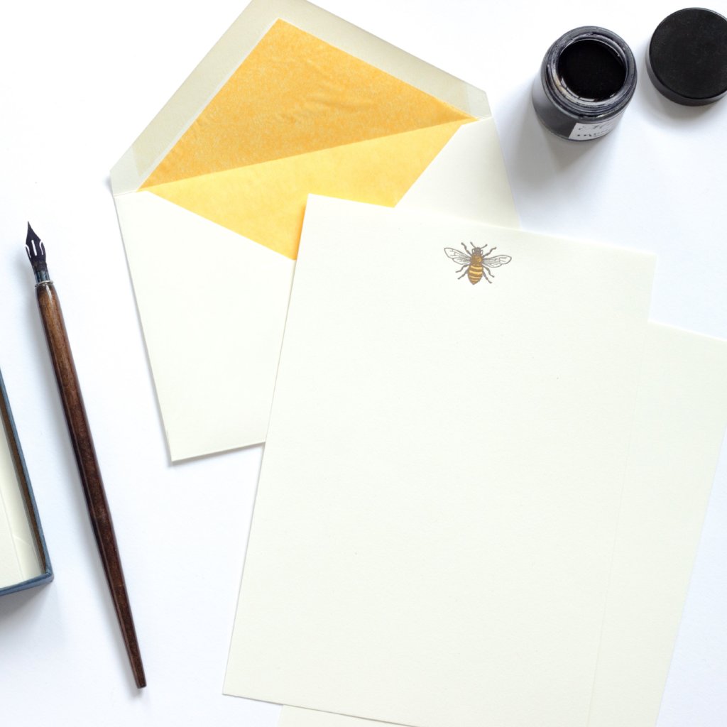 Honey Bee Letterpress Letterhead with yellow lined envelope and ink pot