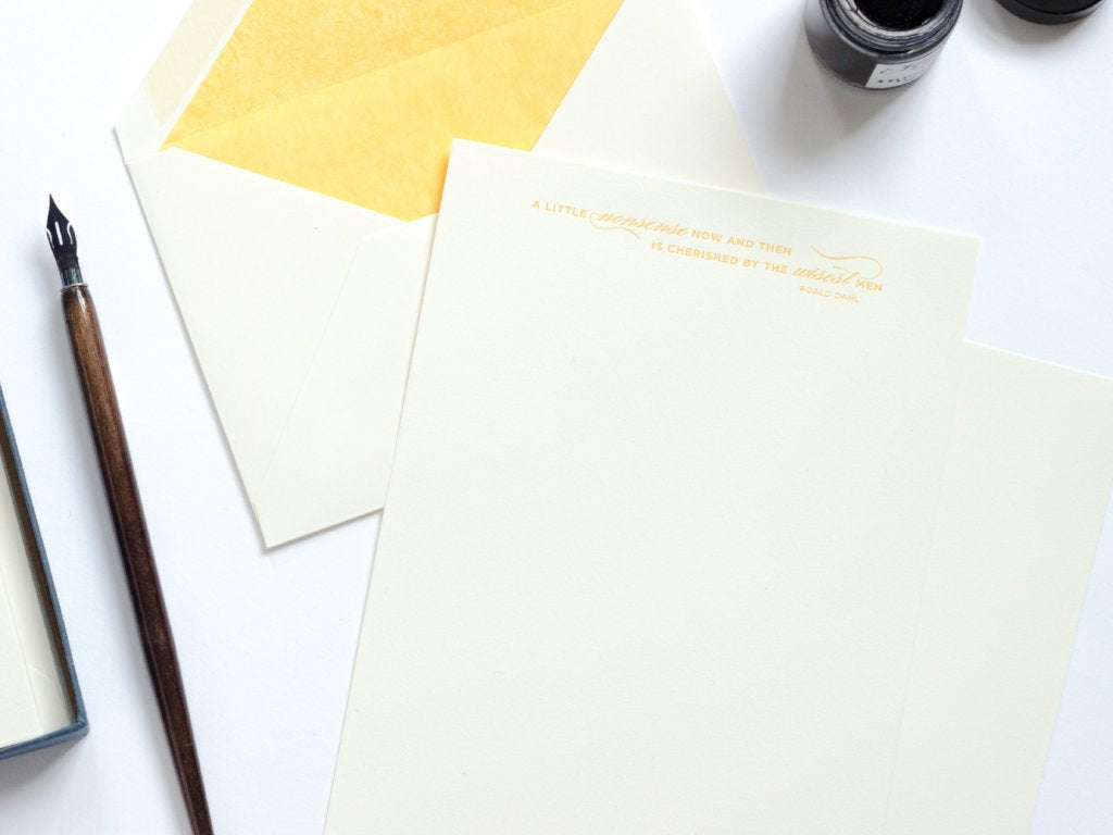 Roald Dahl Letterpress Letterhead with yellow lined envelope and ink pot and dip pen