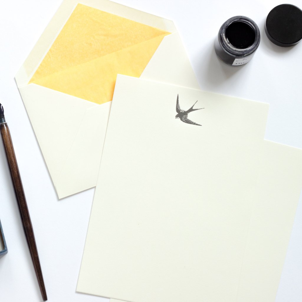 Swallow Letterpress Letterhead with yellow tissue lined envelope and ink pot