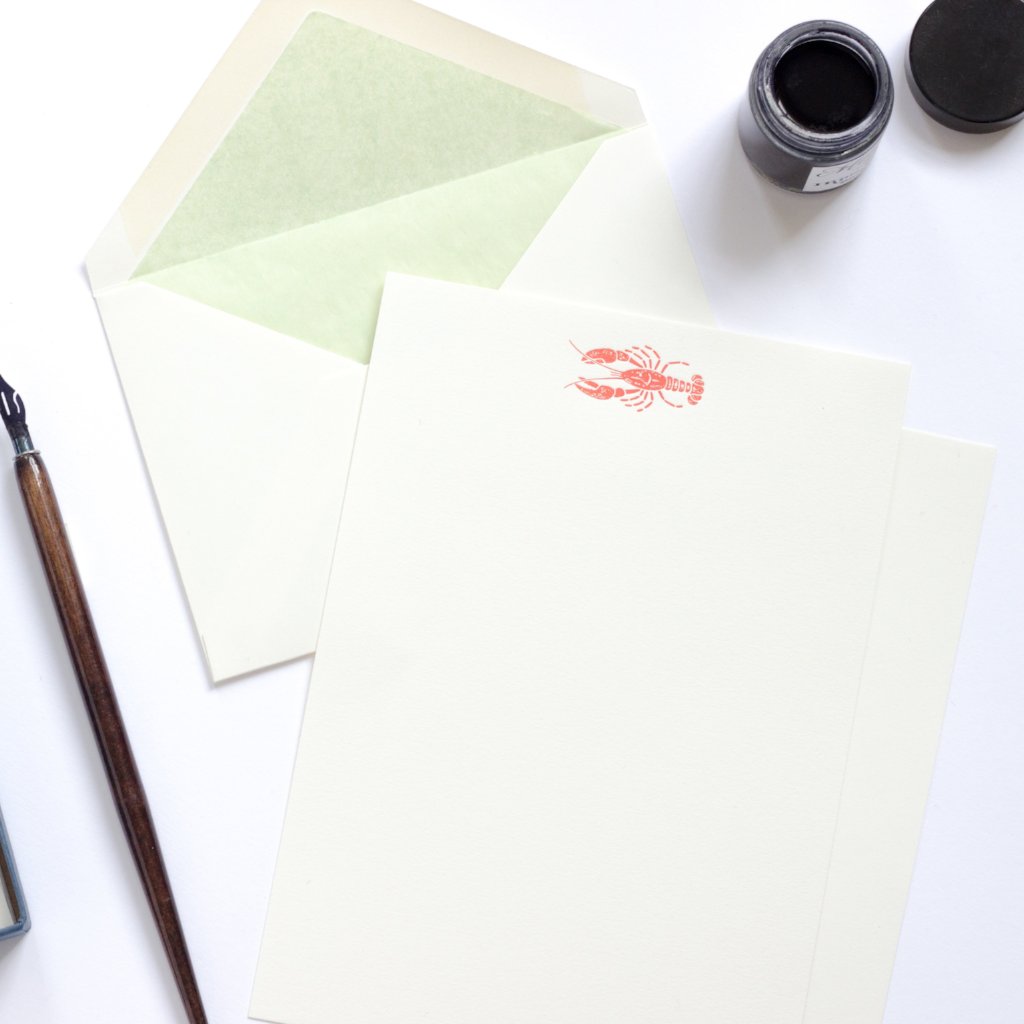 Lobster Letterpress Letterhead with green tissue lined envelope and ink pot 