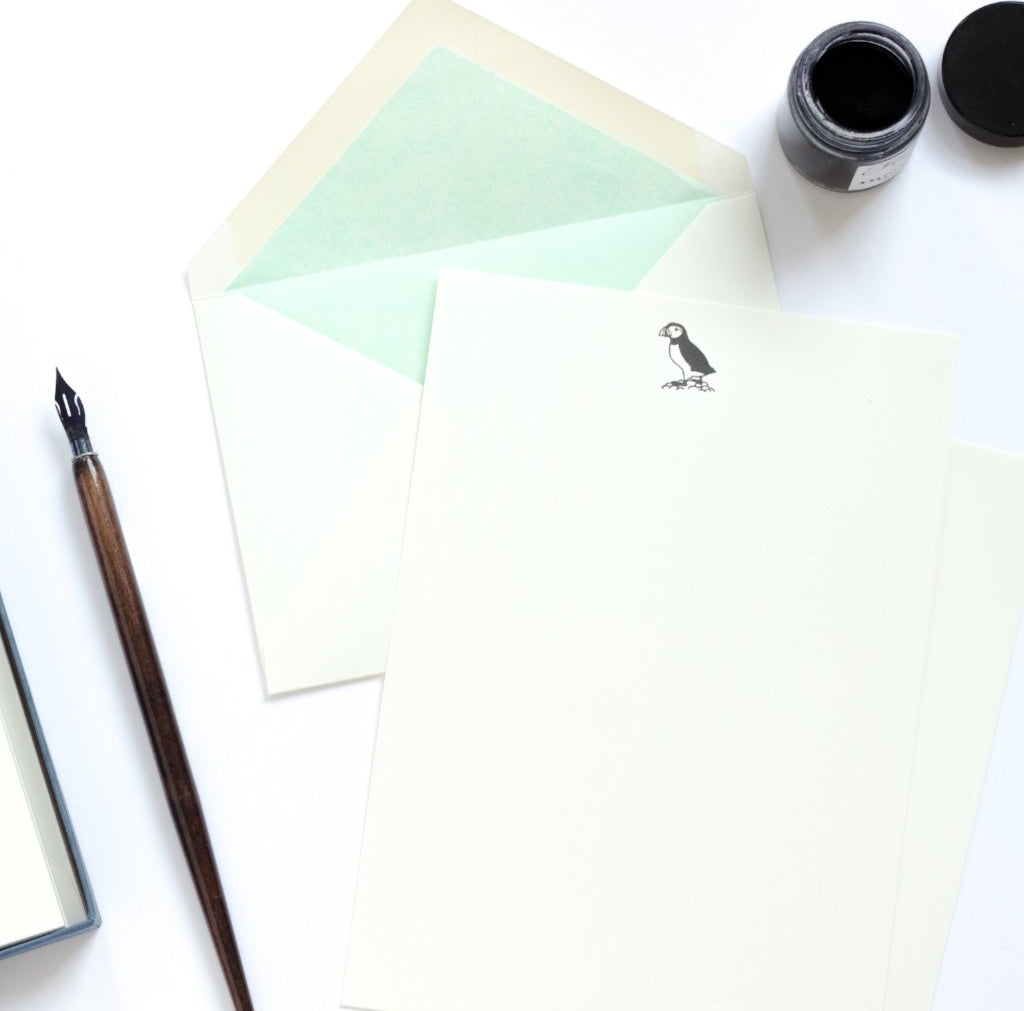 Puffin Letterpress Letterhead with light blue lined tissue and ink pot and dip pen