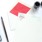 Hot Air Balloon Letterpress Letterhead with red lined envelope and ink pot and dip pen by side