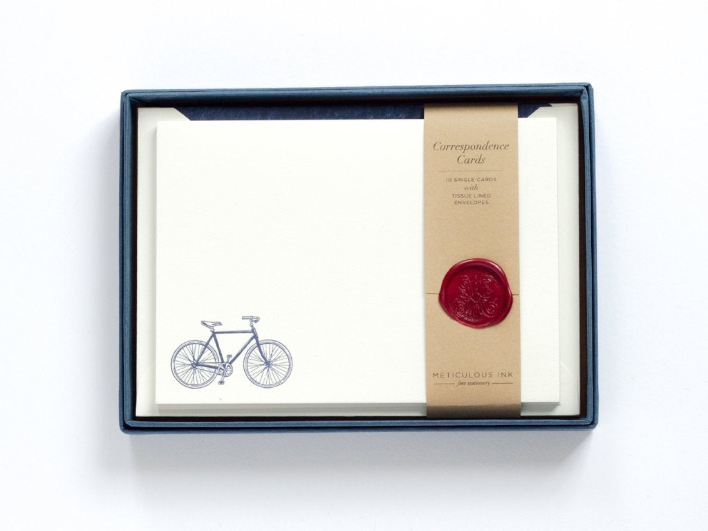 Bicycle Letterpress Correspondence Cards in display box with wax seal