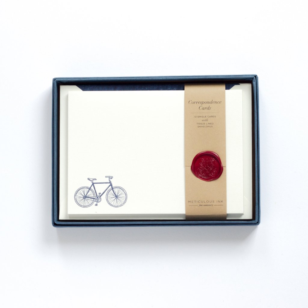 Bicycle Letterpress Correspondence Cards in display box with wax seal