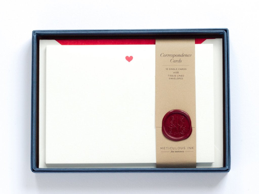Letterpress Red Heart Correspondence Cards in display box with wax seal