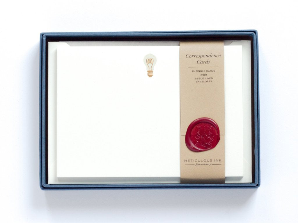 Lightbulb Letterpress Correspondence Cards in display box with wax seal