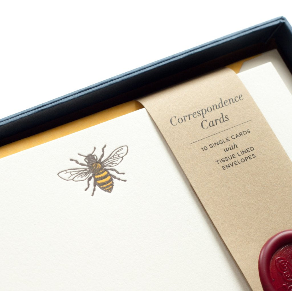 close-up of Honey Bee Letterpress Correspondence Cards in display box with wax seal