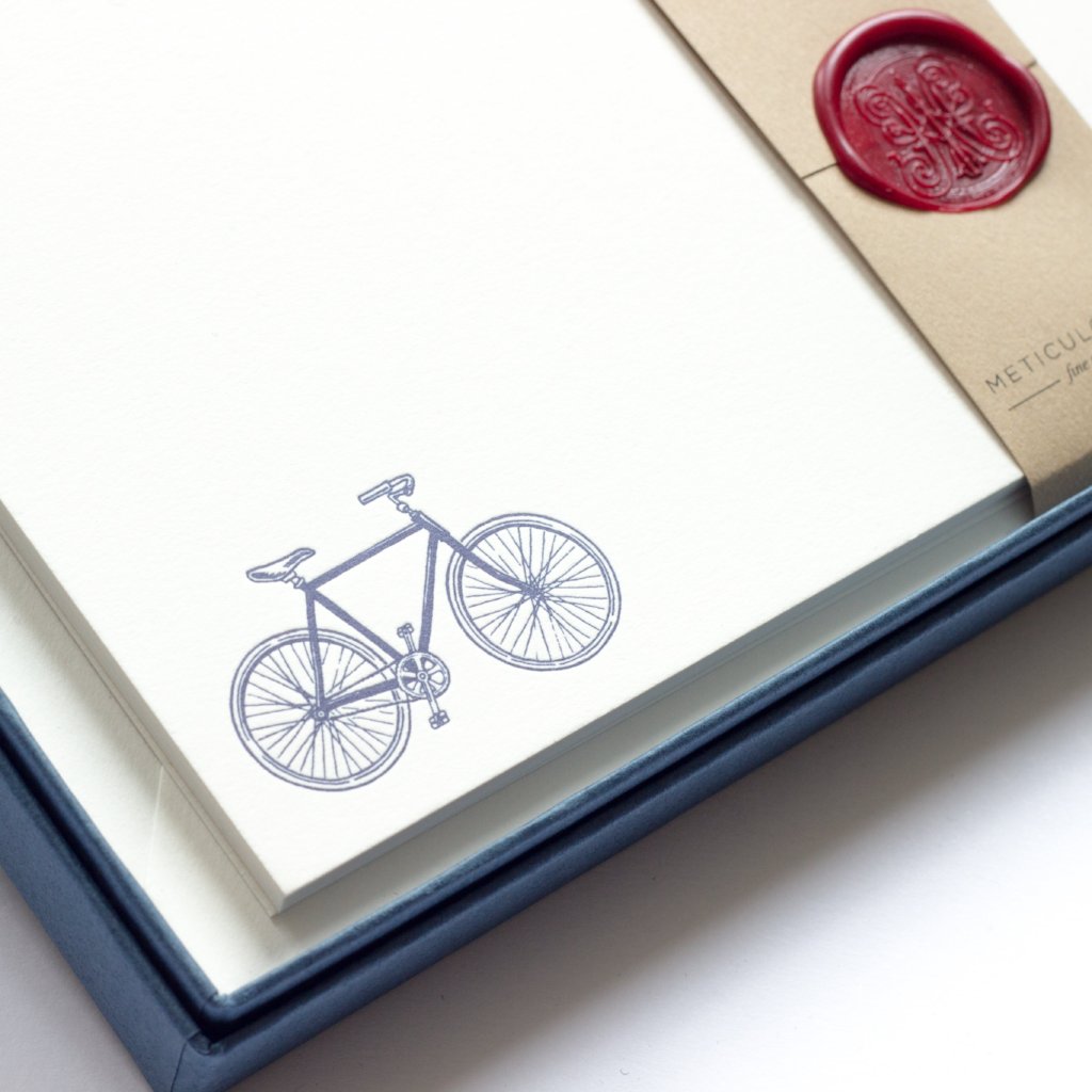 close-up of Bicycle Letterpress Correspondence Cards in display box with wax seal