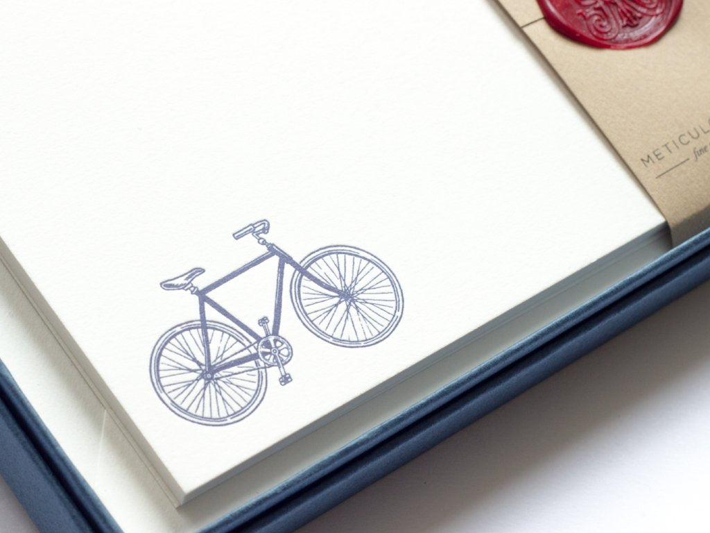 close-up of Bicycle Letterpress Correspondence Cards in display box with wax seal