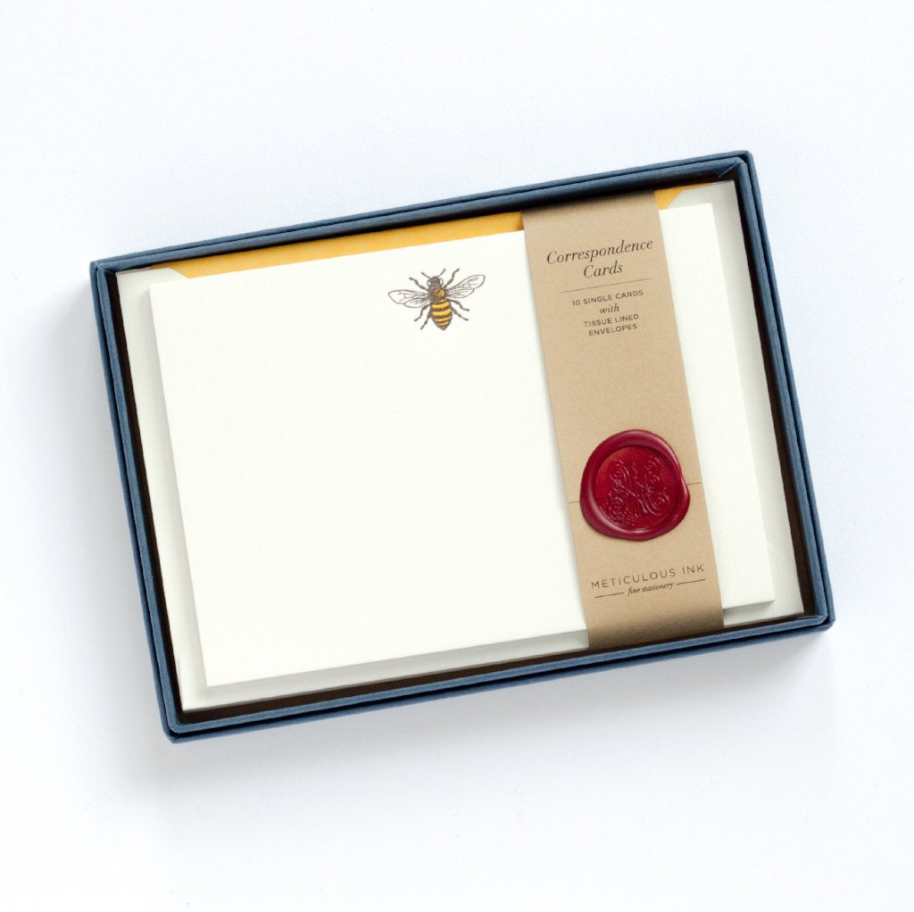 Honey Bee Letterpress Correspondence Cards in display box with wax seal