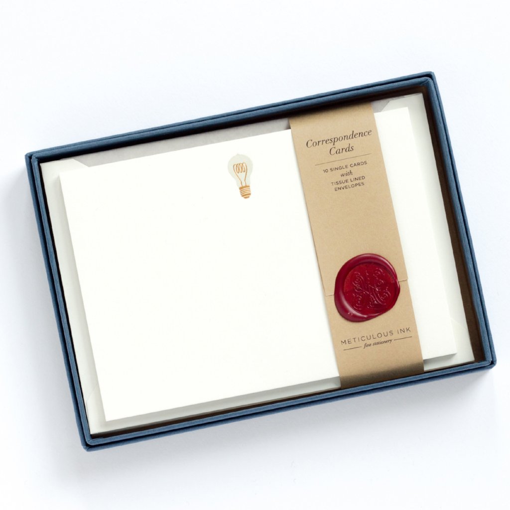 Lightbulb Letterpress Correspondence Cards in display box with wax seal