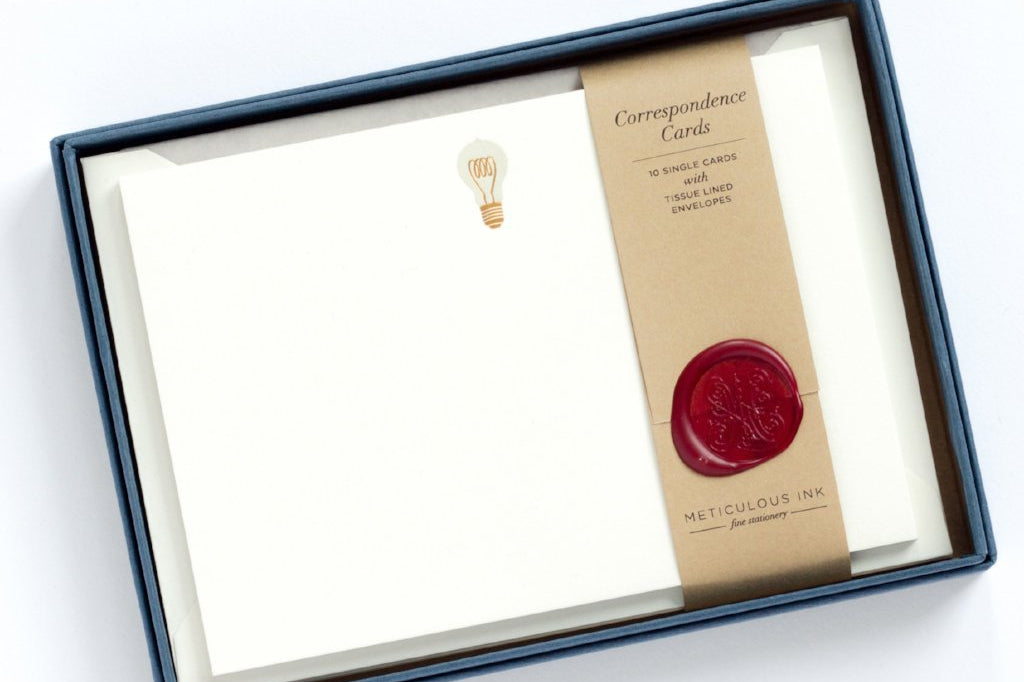 Lightbulb Letterpress Correspondence Cards in display box with wax seal