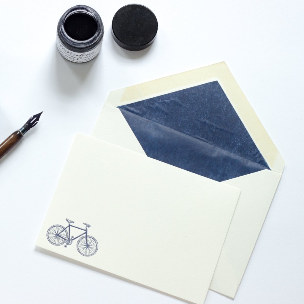 Bicycle Letterpress Correspondence Card with blue tissue lined envelope and ink pot